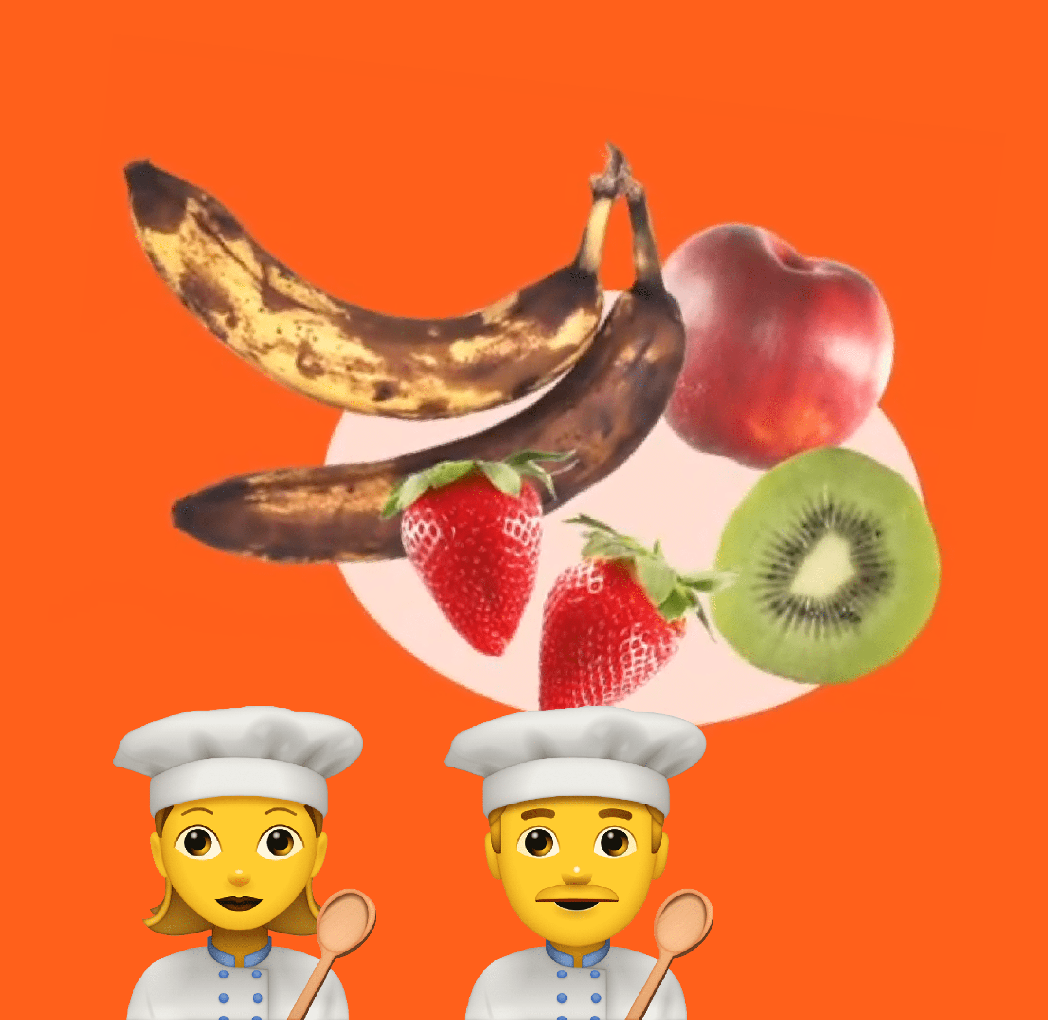 En illustrerad bild med två kockar-emojis och olika frukt i mitten av bilden.